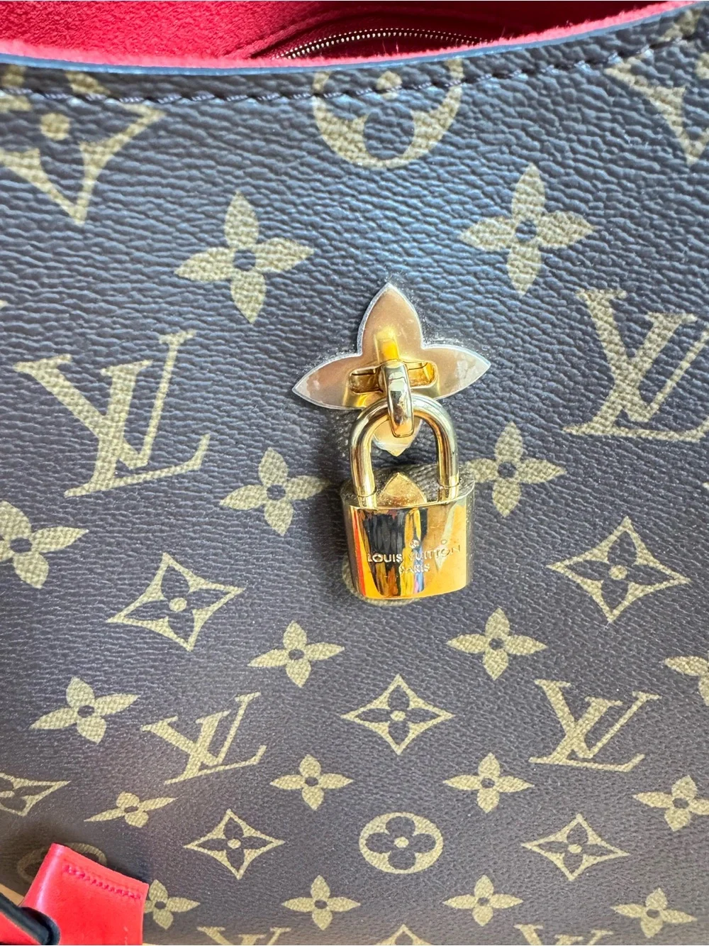 Louis Vuitton Brown Monogram Hobo with Red Trim and Gold Lock